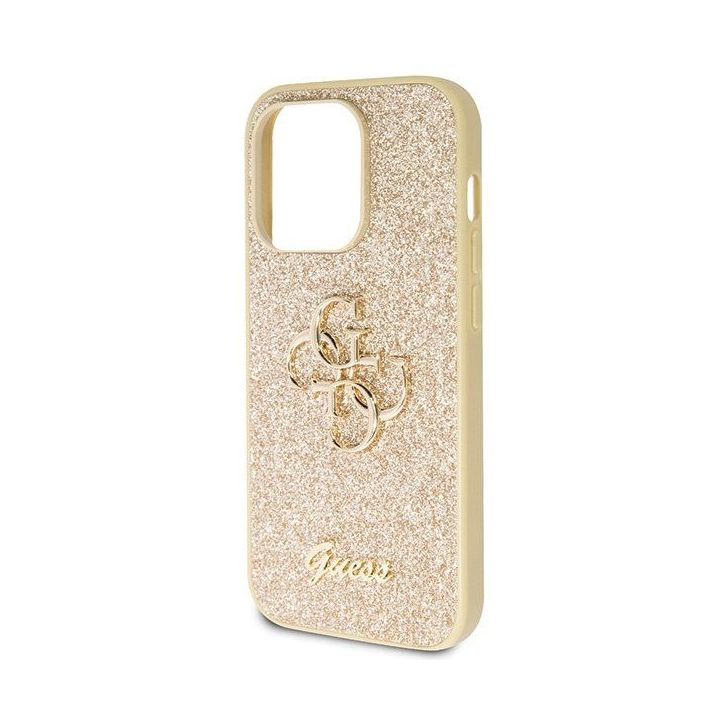 Guess Glitter Script Big 4G dėklas iPhone 14 Pro - auksinis