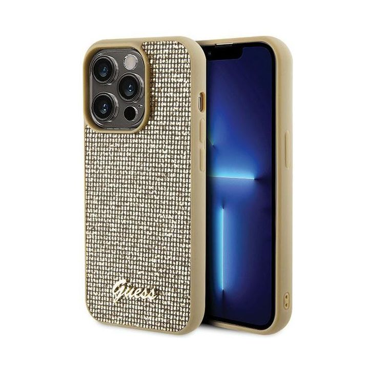 Guess Disco Metal Script dėklas iPhone 15 Pro - auksinis