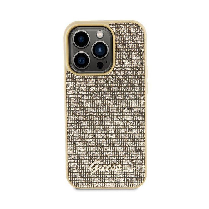 Guess Disco Metal Script dėklas iPhone 15 Pro - auksinis