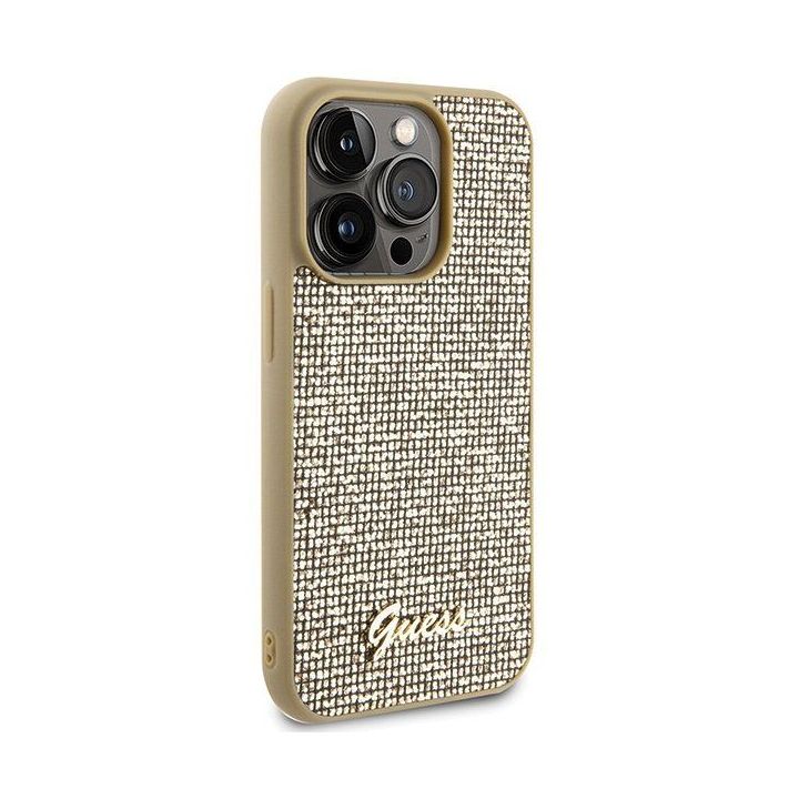 Guess Disco Metal Script dėklas iPhone 15 Pro - auksinis