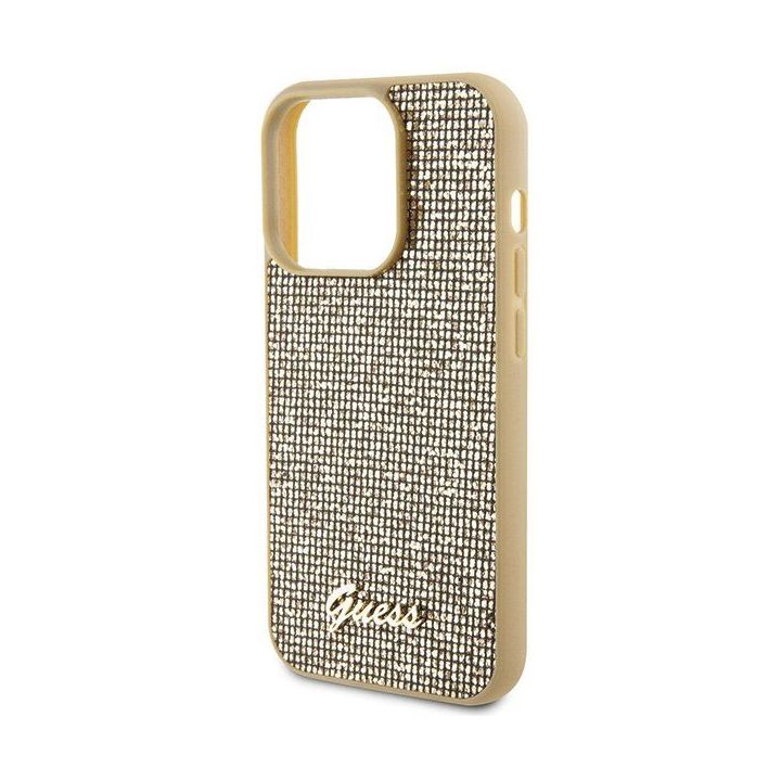 Guess Disco Metal Script dėklas iPhone 15 Pro - auksinis