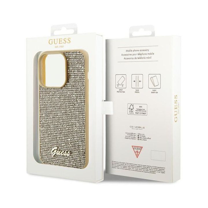 Guess Disco Metal Script dėklas iPhone 15 Pro - auksinis