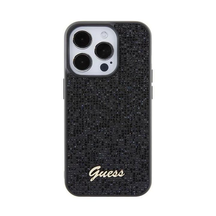 Guess Disco Metal Script dėklas iPhone 15 Pro - juodas