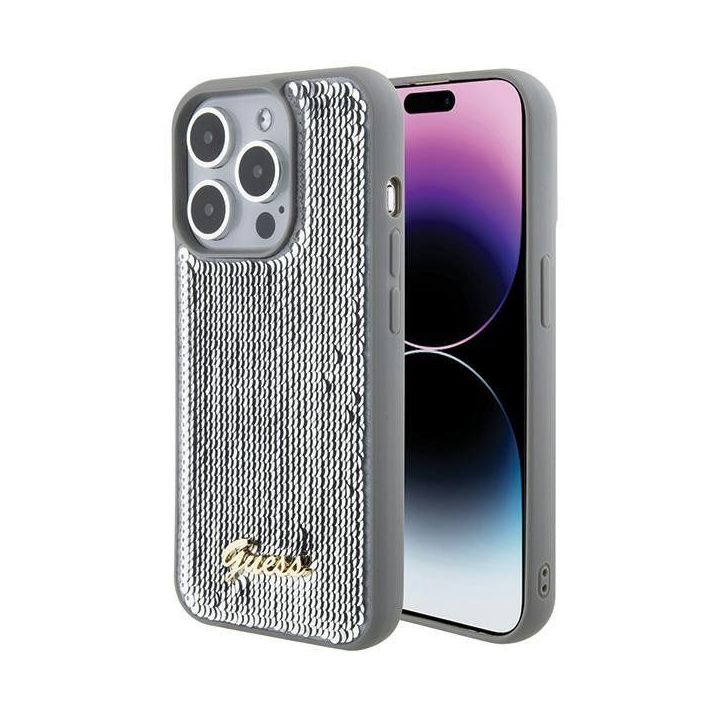 Guess Sequin Script metalinis dėklas iPhone 15 Pro - Sidabrinis