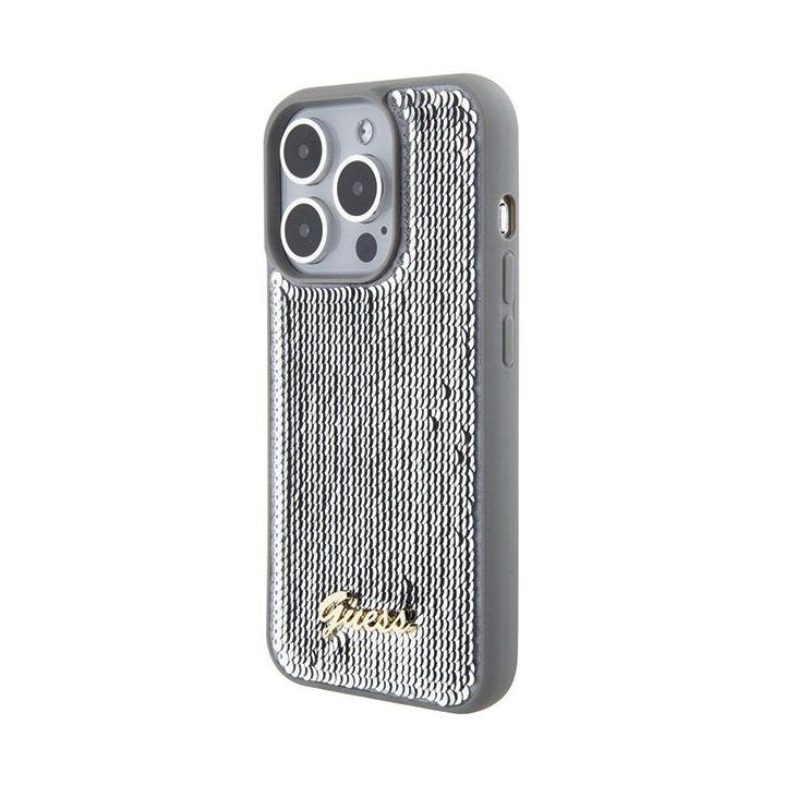 Guess Sequin Script metalinis dėklas iPhone 15 Pro - Sidabrinis