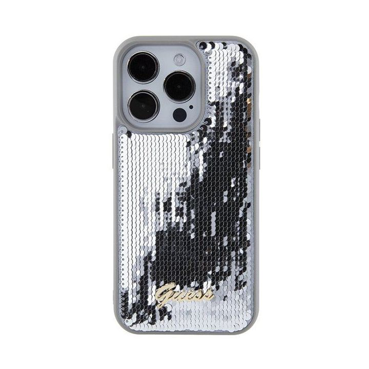 Guess Sequin Script metalinis dėklas iPhone 15 Pro - Sidabrinis
