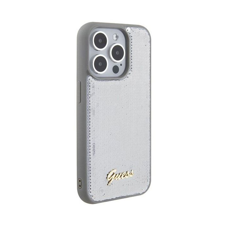 Guess Sequin Script metalinis dėklas iPhone 15 Pro - Sidabrinis
