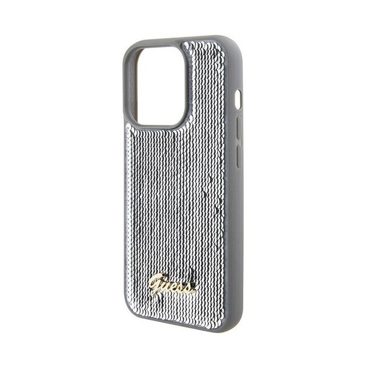Guess Sequin Script metalinis dėklas iPhone 15 Pro - Sidabrinis