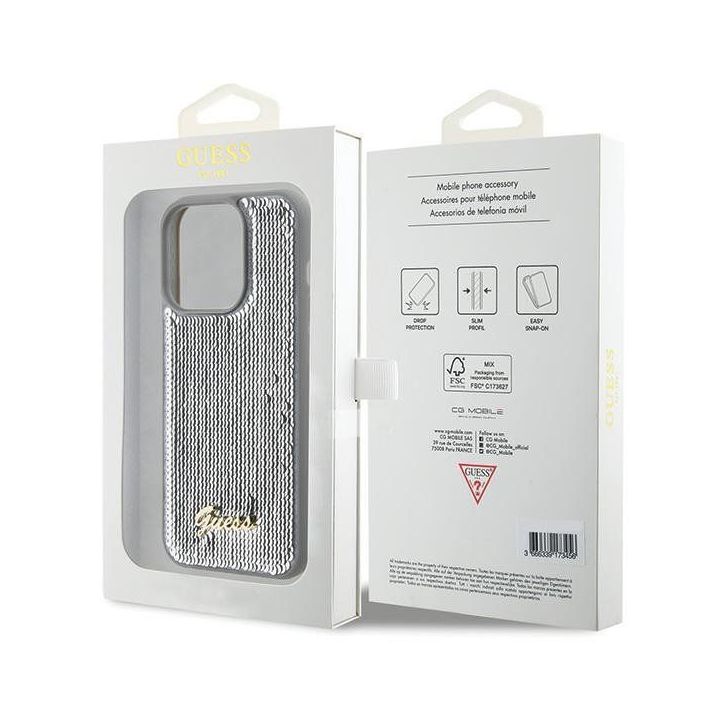 Guess Sequin Script metalinis dėklas iPhone 15 Pro - Sidabrinis