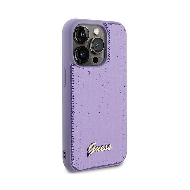 Dėklas Guess Sequin Script Metal ant iPhone 15 Pro - fioletowe