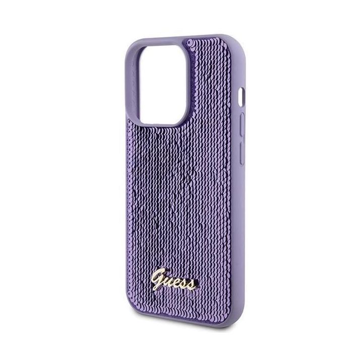 Dėklas Guess Sequin Script Metal ant iPhone 15 Pro - fioletowe