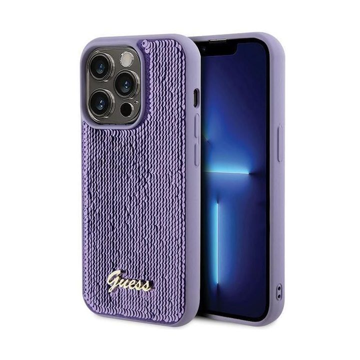 Dėklas Guess Sequin Script Metal ant iPhone 15 Pro - fioletowe