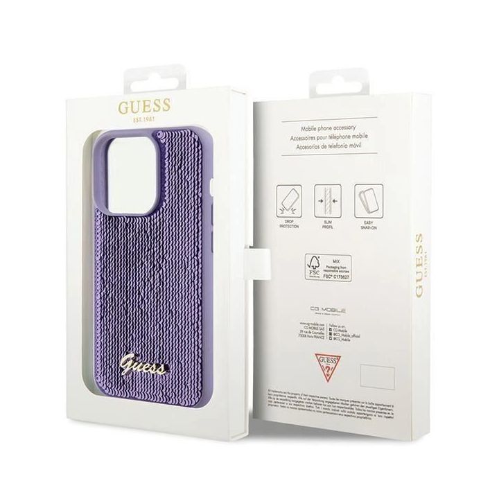 Dėklas Guess Sequin Script Metal ant iPhone 15 Pro - fioletowe