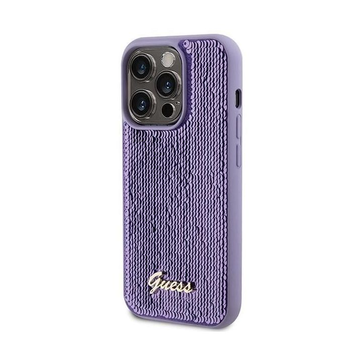 Dėklas Guess Sequin Script Metal ant iPhone 15 Pro - fioletowe