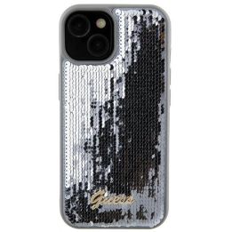 Guess Sequin Script metalinis dėklas iPhone 15 - sidabrinis