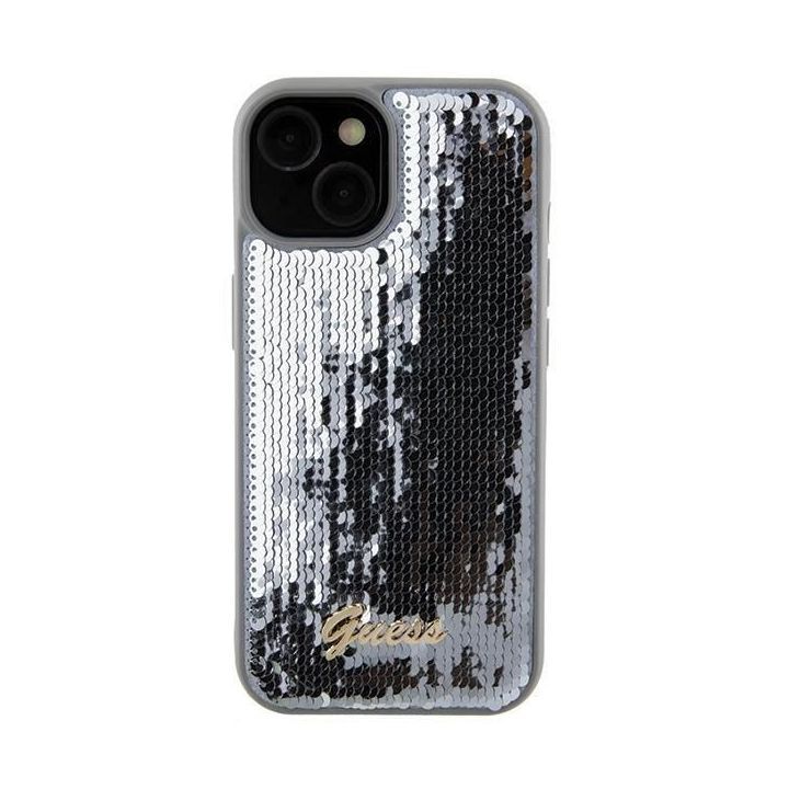 Guess Sequin Script metalinis dėklas iPhone 15 - sidabrinis
