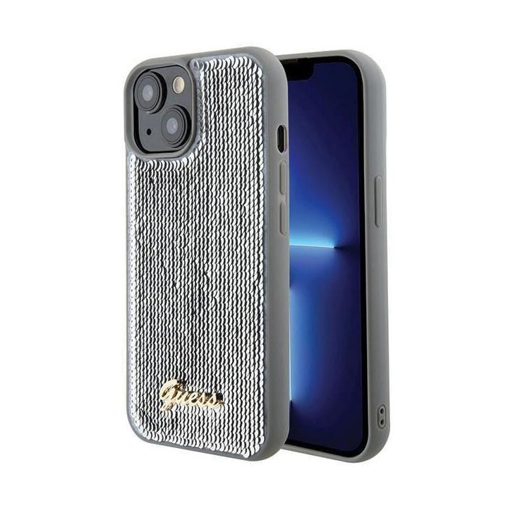Guess Sequin Script metalinis dėklas iPhone 15 - sidabrinis