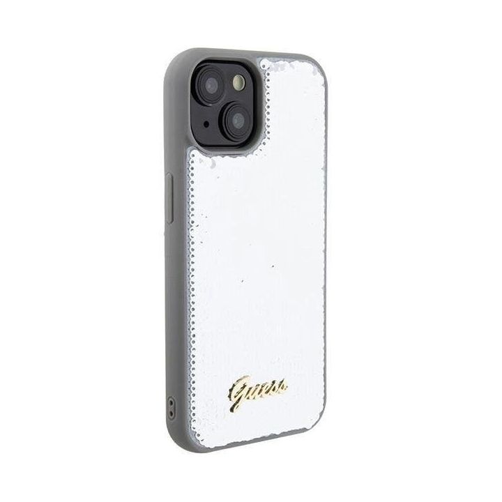 Guess Sequin Script metalinis dėklas iPhone 15 - sidabrinis