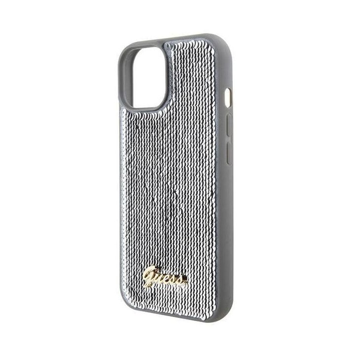 Guess Sequin Script metalinis dėklas iPhone 15 - sidabrinis