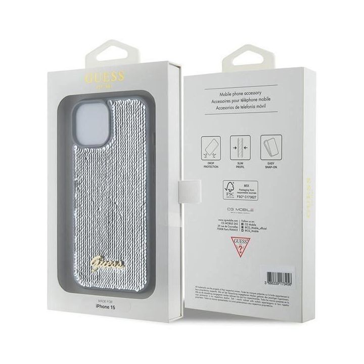 Guess Sequin Script metalinis dėklas iPhone 15 - sidabrinis
