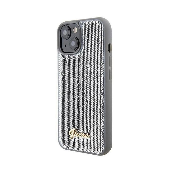Guess Sequin Script metalinis dėklas iPhone 15 - sidabrinis