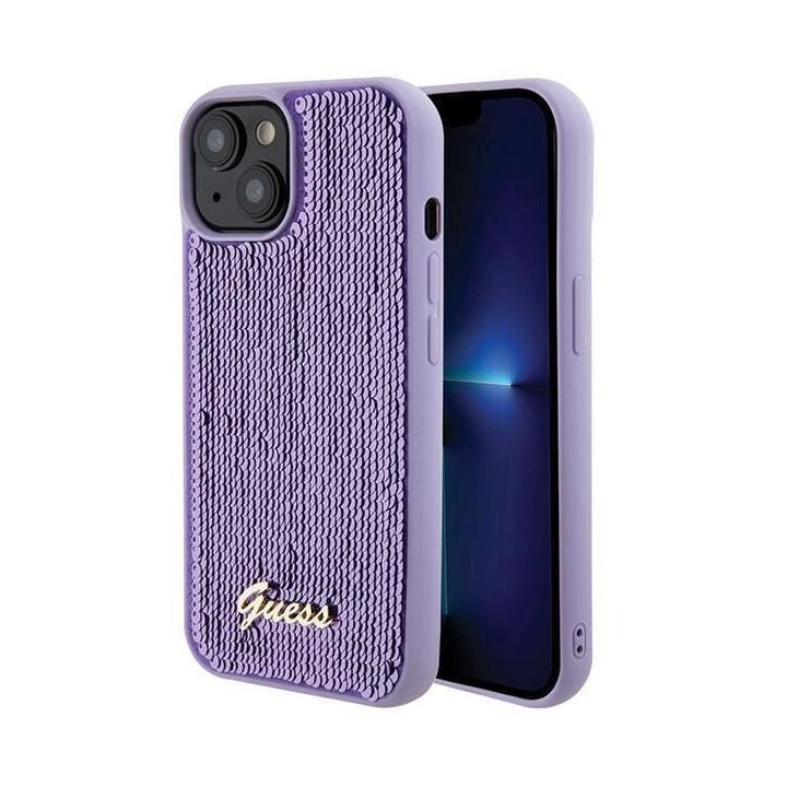 Guess Sequin Script Metal iPhone 15 - fioletowe