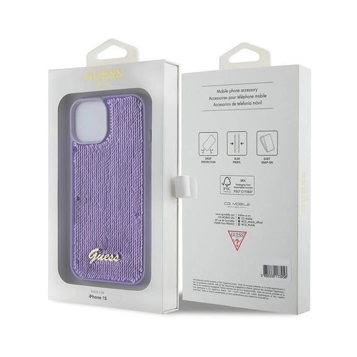 Guess Sequin Script Metal iPhone 15 - fioletowe