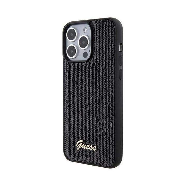 Guess Sequin Script Metal ant iPhone 15 Pro Max - juodos spalvos