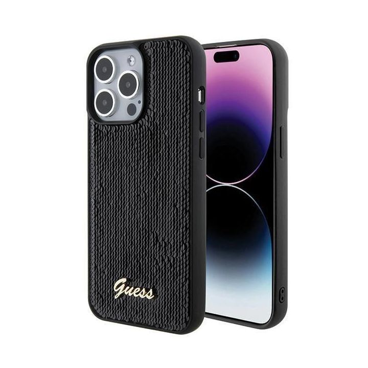 Guess Sequin Script Metal ant iPhone 15 Pro Max - juodos spalvos