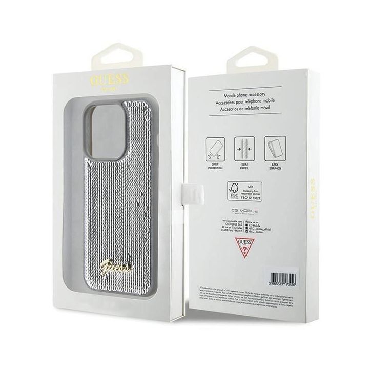 Guess Sequin Script metalinis dėklas iPhone 15 Pro Max - Sidabrinis