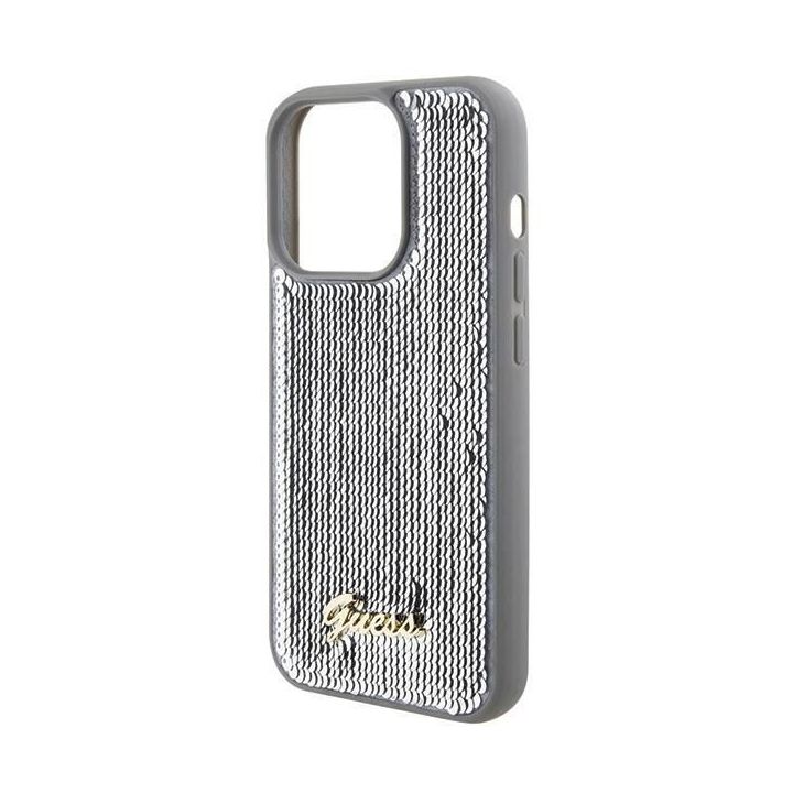 Guess Sequin Script metalinis dėklas iPhone 15 Pro Max - Sidabrinis