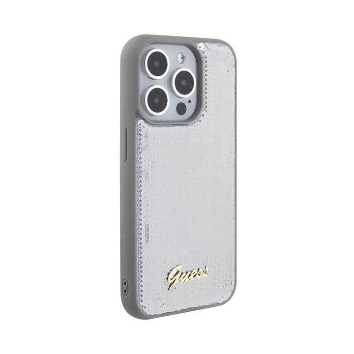 Guess Sequin Script metalinis dėklas iPhone 15 Pro Max - Sidabrinis