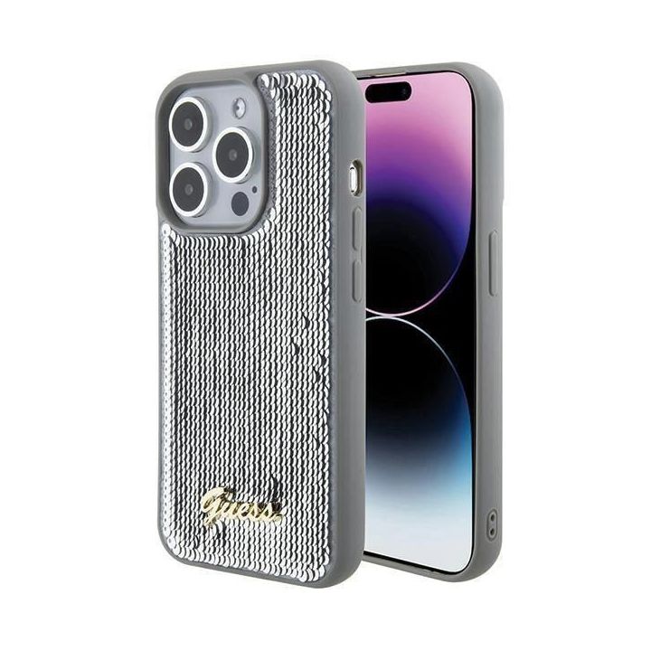Guess Sequin Script metalinis dėklas iPhone 15 Pro Max - Sidabrinis