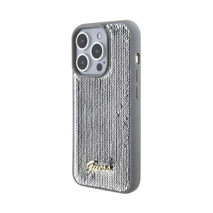 Guess Sequin Script metalinis dėklas iPhone 15 Pro Max - Sidabrinis
