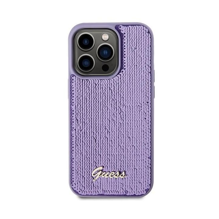 Dėklas Guess Sequin Script Metal ant iPhone 15 Pro Max - fioletowe