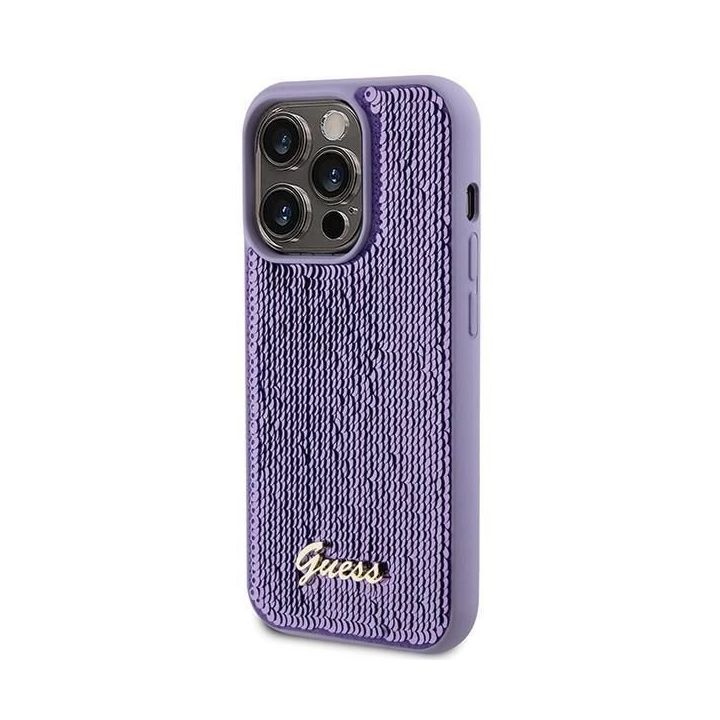 Dėklas Guess Sequin Script Metal ant iPhone 15 Pro Max - fioletowe