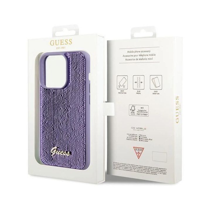 Dėklas Guess Sequin Script Metal ant iPhone 15 Pro Max - fioletowe
