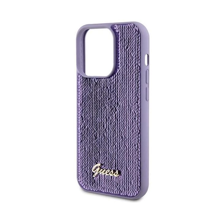 Dėklas Guess Sequin Script Metal ant iPhone 15 Pro Max - fioletowe