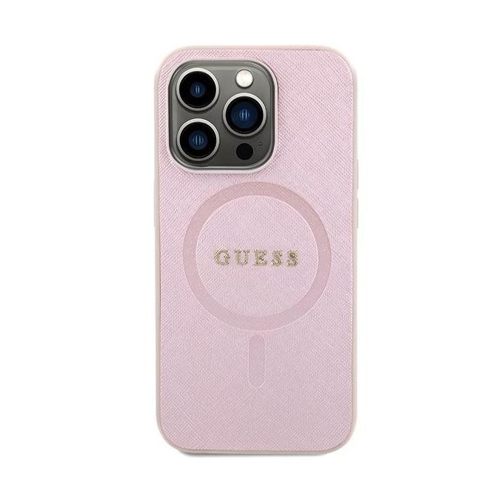 Guess Saffiano MagSafe dėklas iPhone 15 Pro - rožinis