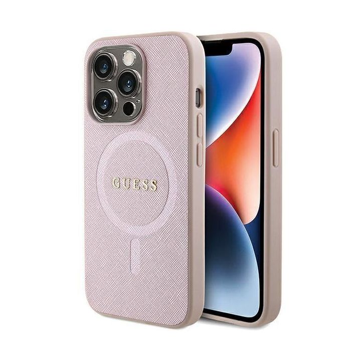Guess Saffiano MagSafe dėklas iPhone 15 Pro - rožinis