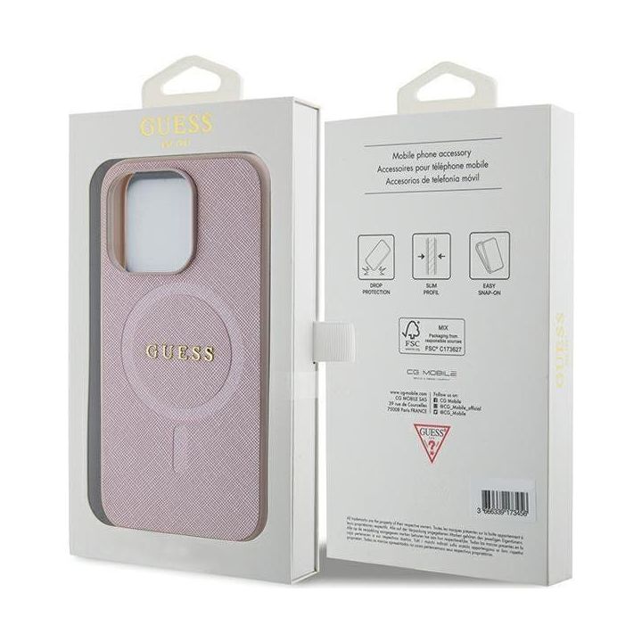 Guess Saffiano MagSafe dėklas iPhone 15 Pro - rožinis