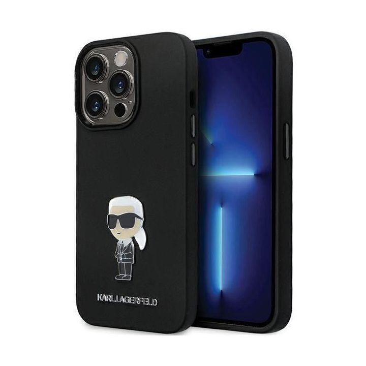 Karl Lagerfeld silikoninis Ikonik Metal Pin dėklas iPhone 13 Pro / iPhone 13 - juodas