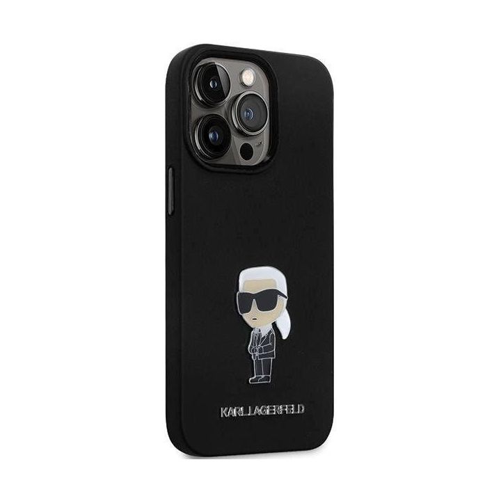 Karl Lagerfeld silikoninis Ikonik Metal Pin dėklas iPhone 13 Pro / iPhone 13 - juodas