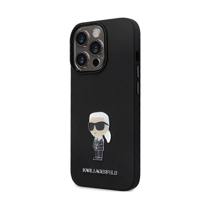 Karl Lagerfeld silikoninis Ikonik Metal Pin dėklas iPhone 13 Pro / iPhone 13 - juodas