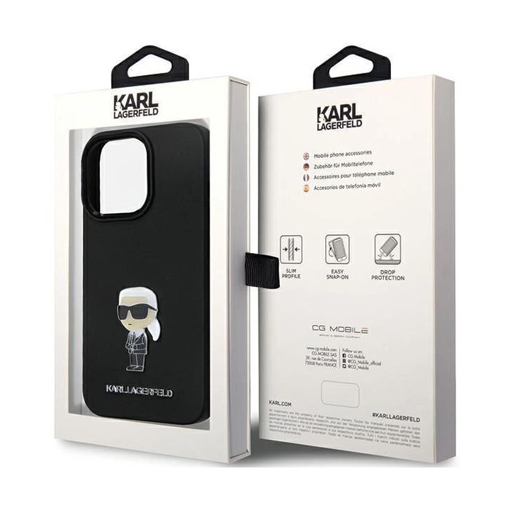 Karl Lagerfeld silikoninis Ikonik Metal Pin dėklas iPhone 13 Pro / iPhone 13 - juodas