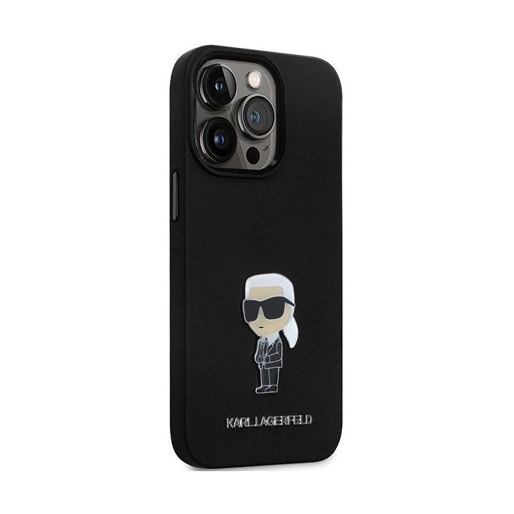 Karl Lagerfeld silikoninis Ikonik Metal Pin dėklas iPhone 14 Pro - juodas