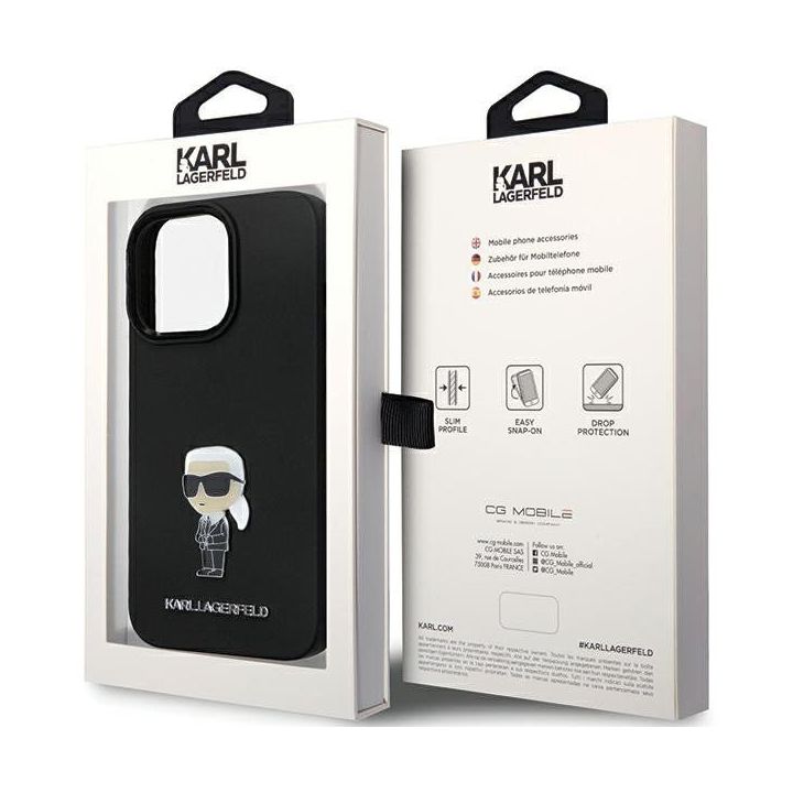Karl Lagerfeld silikoninis Ikonik Metal Pin dėklas iPhone 14 Pro Max - juodas