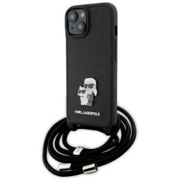 Dėklas Karl Lagerfeld Crossbody Saffiano Metalinis smeigtukas Karl&Choupette na iPhone 15 - Juodos spalvos
