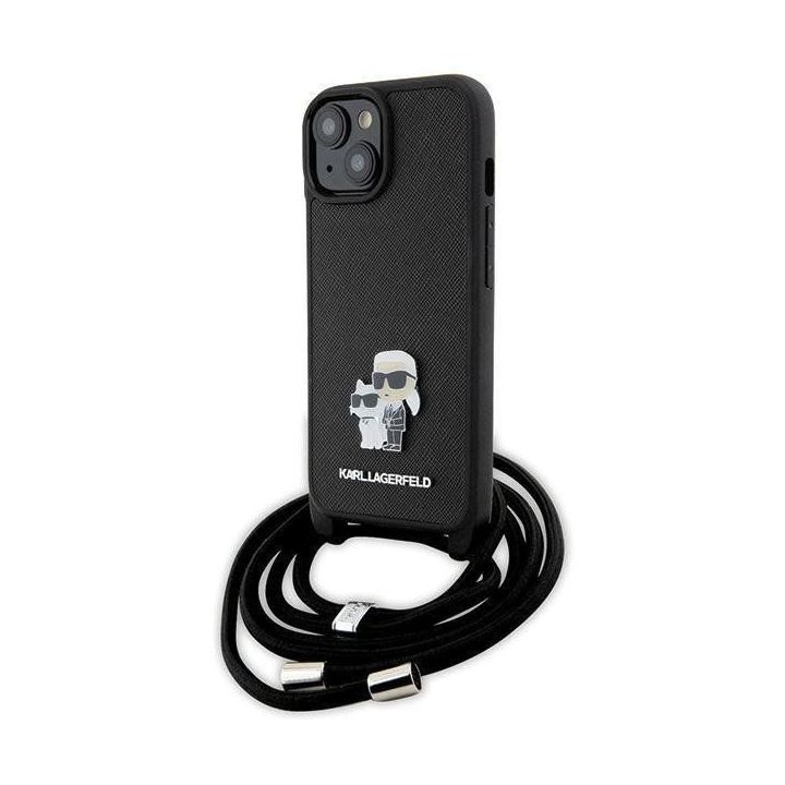 Dėklas Karl Lagerfeld Crossbody Saffiano Metalinis smeigtukas Karl&Choupette na iPhone 15 - Juodos spalvos
