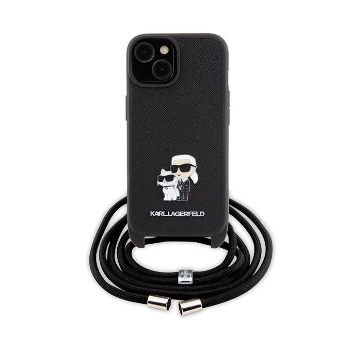 Dėklas Karl Lagerfeld Crossbody Saffiano Metalinis smeigtukas Karl&Choupette na iPhone 15 - Juodos spalvos